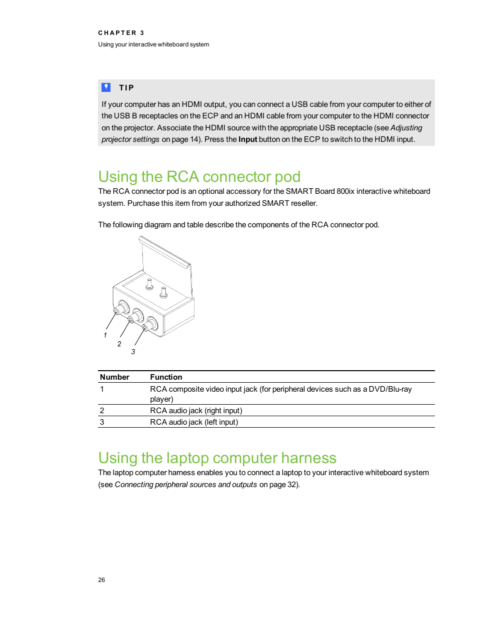 Using the rca connector pod, Using the laptop computer harness | Smart Technologies 800ix-SMP User Manual | Page 36 / 100