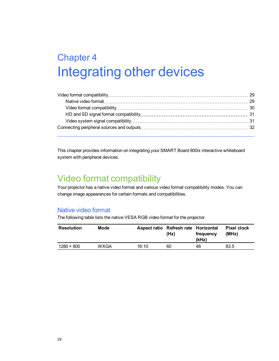Chapter 4: integrating other devices, Video format compatibility, Native video format | Chapter 4 | Smart Technologies 800ix-SMP User Manual | Page 39 / 100