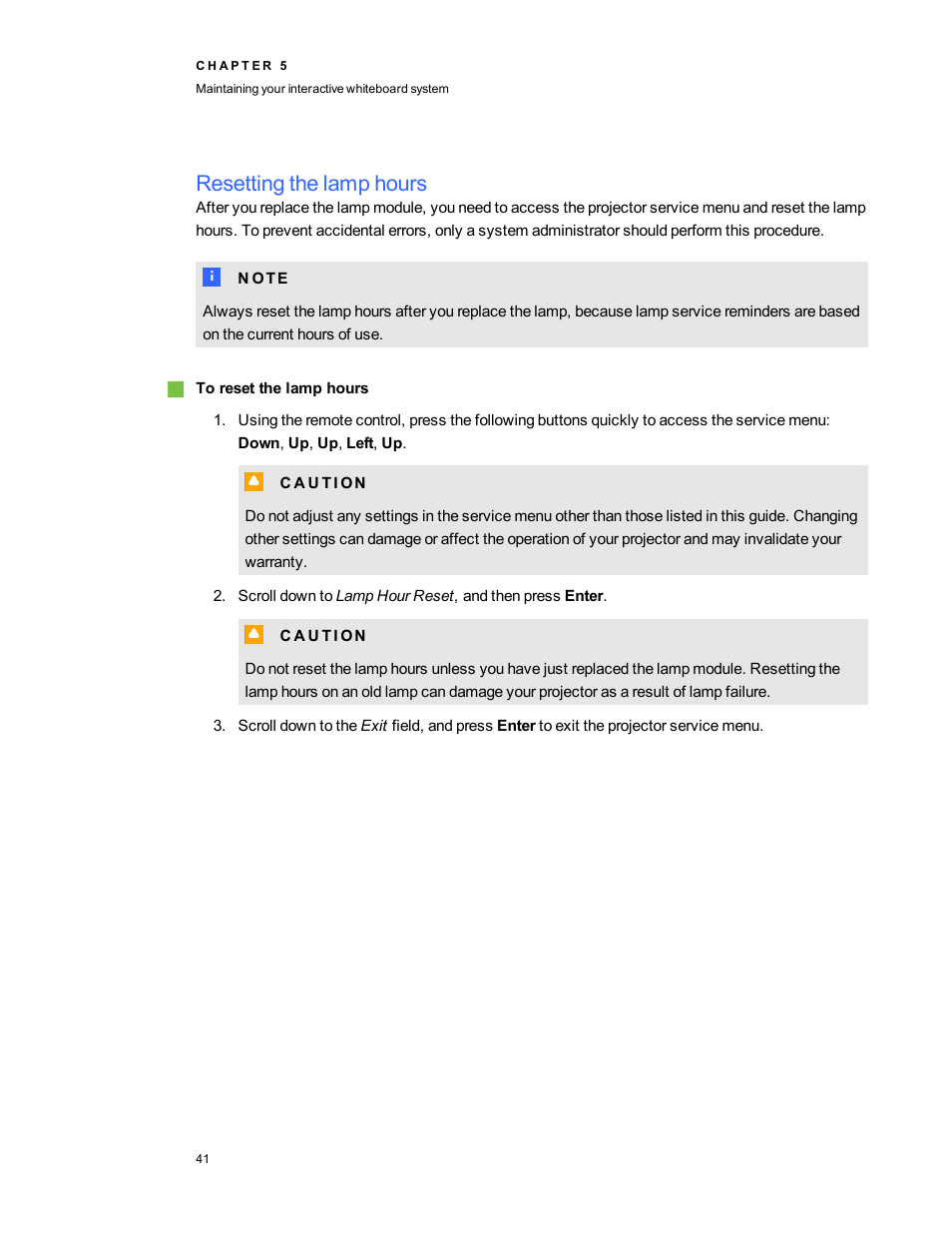 Resetting the lamp hours, Resetting the lamp hours on next | Smart Technologies 800ix-SMP User Manual | Page 51 / 100