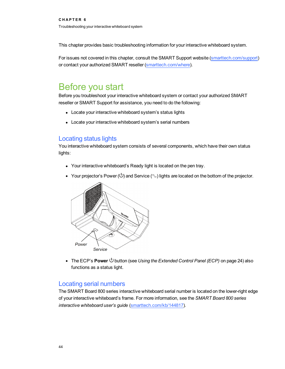 Before you start, Locating status lights, Locating serial numbers | Smart Technologies 800ix-SMP User Manual | Page 54 / 100