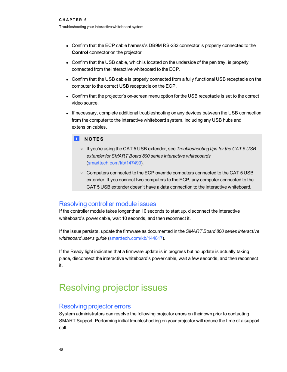 Resolving controller module issues, Resolving projector issues, Resolving projector errors | Smart Technologies 800ix-SMP User Manual | Page 58 / 100