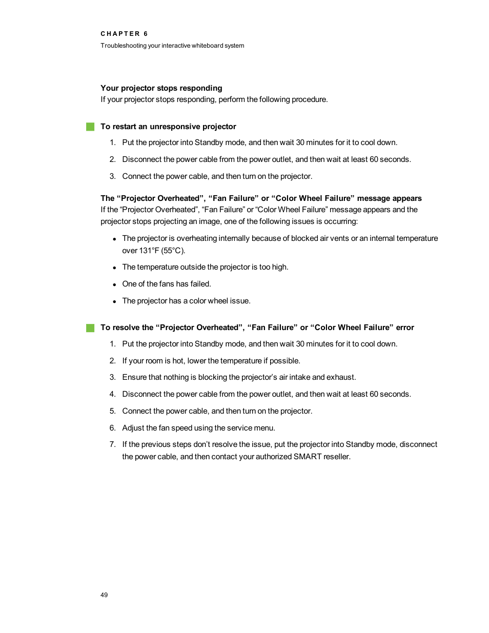 Your projector stops responding | Smart Technologies 800ix-SMP User Manual | Page 59 / 100