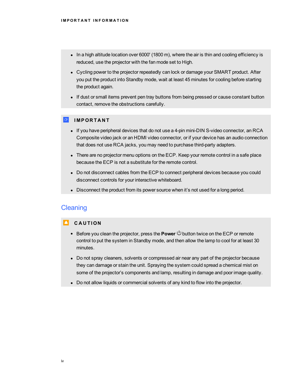 Cleaning | Smart Technologies 800ix-SMP User Manual | Page 6 / 100