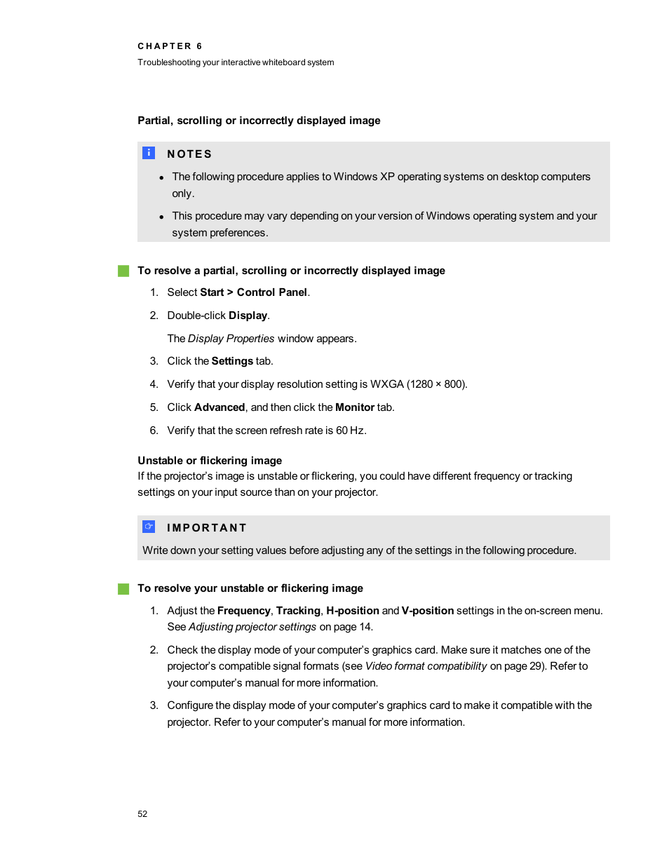 Partial, scrolling or incorrectly displayed image, Unstable or flickering image | Smart Technologies 800ix-SMP User Manual | Page 62 / 100
