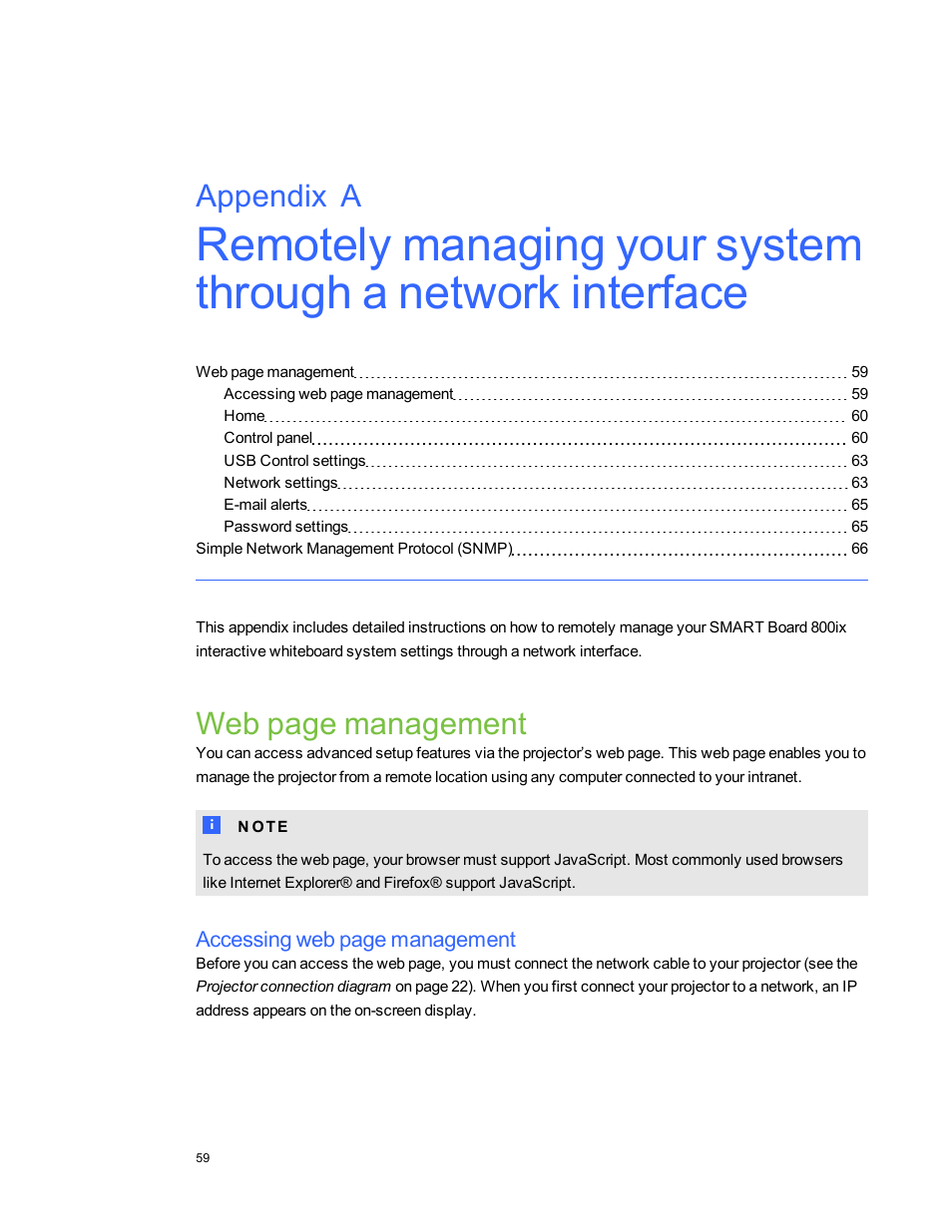 Web page management, Appendix a | Smart Technologies 800ix-SMP User Manual | Page 69 / 100