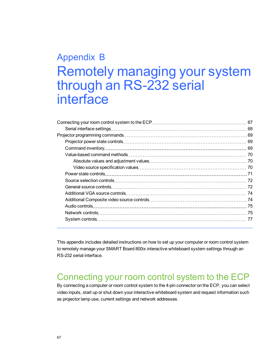 Connecting your room control system to the ecp, Appendix b | Smart Technologies 800ix-SMP User Manual | Page 77 / 100