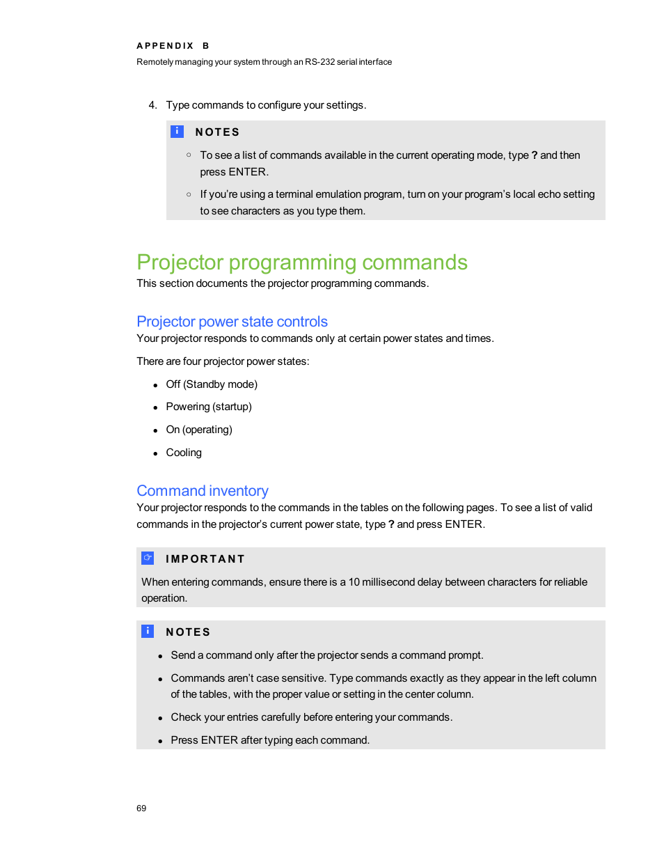 Projector programming commands, Projector power state controls, Command inventory | Projector programming | Smart Technologies 800ix-SMP User Manual | Page 79 / 100