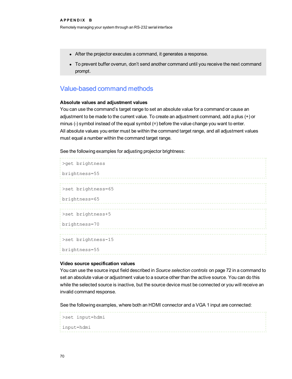 Value-based command methods, Absolute values and adjustment values, Video source specification values | Smart Technologies 800ix-SMP User Manual | Page 80 / 100