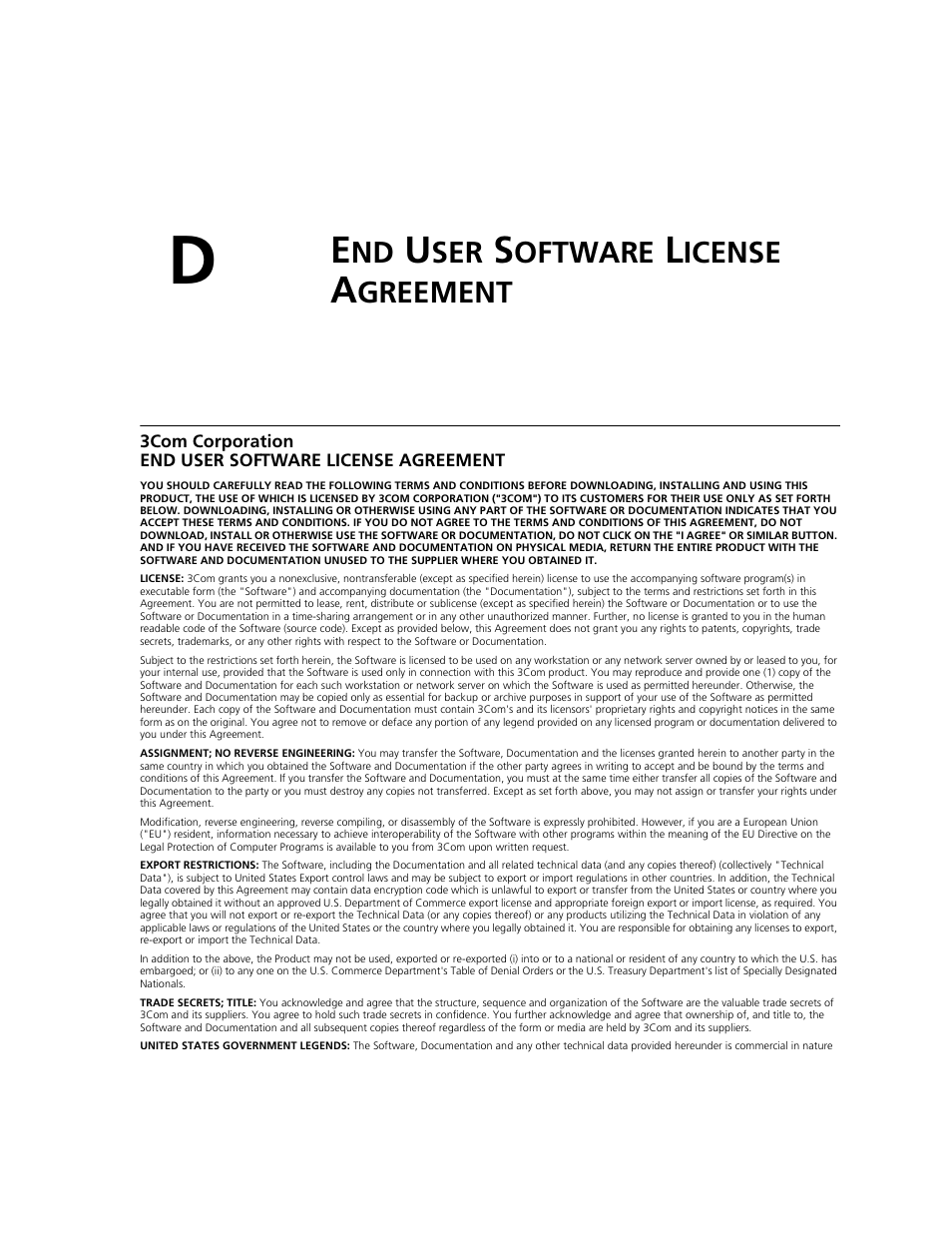 End user software license agreement, Oftware, Icense | Greement | 3Com WL-542 User Manual | Page 103 / 124