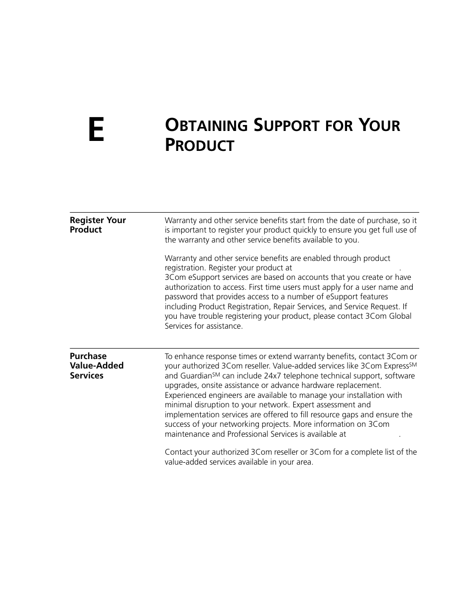 Obtaining support for your product, Register your product, Purchase value-added services | Btaining, Upport, Roduct | 3Com WL-542 User Manual | Page 105 / 124