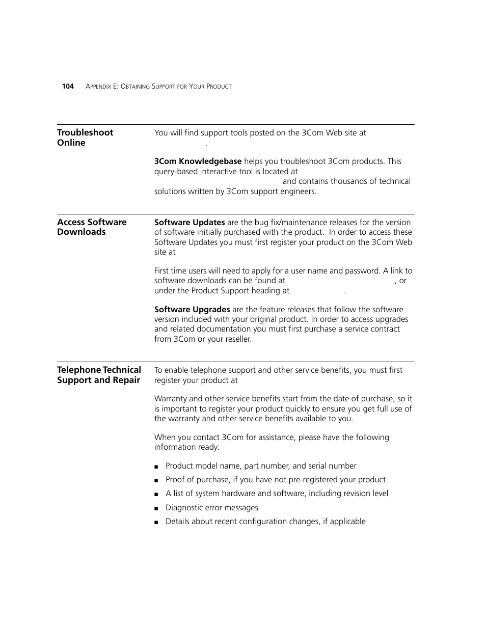 Troubleshoot online, Access software downloads, Telephone technical support and repair | 3Com WL-542 User Manual | Page 106 / 124