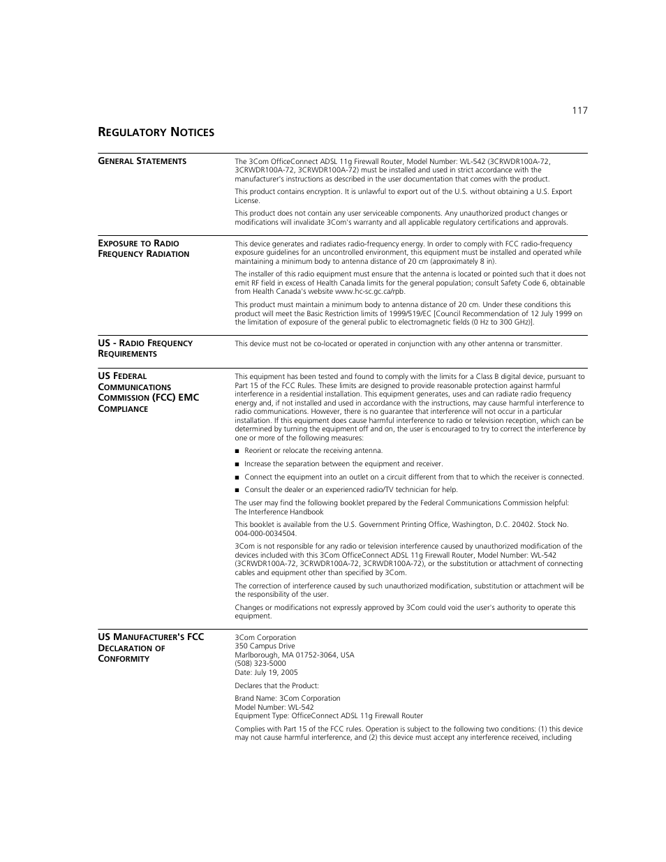 Regulatory notices, Egulatory, Otices | 3Com WL-542 User Manual | Page 119 / 124