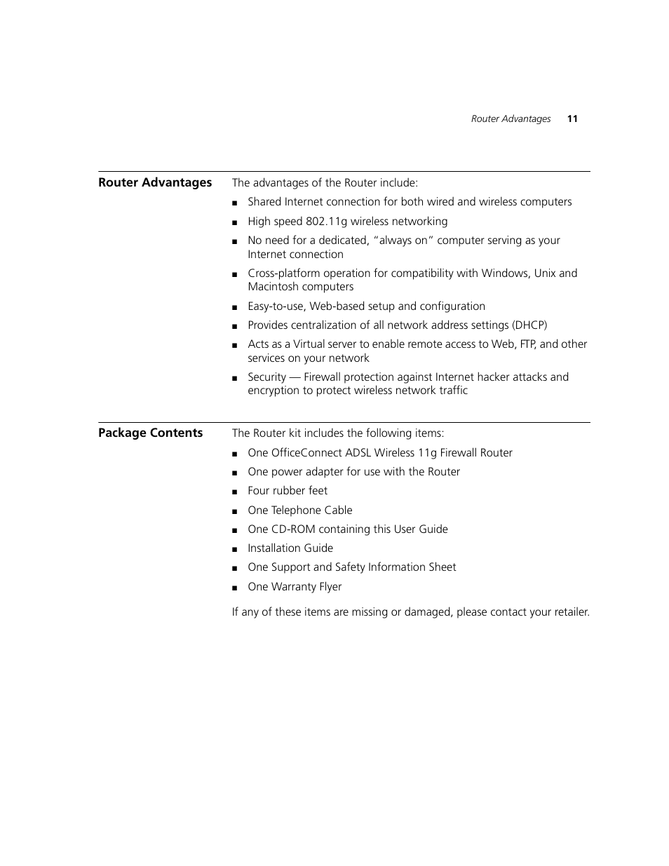 Router advantages, Package contents | 3Com WL-542 User Manual | Page 13 / 124