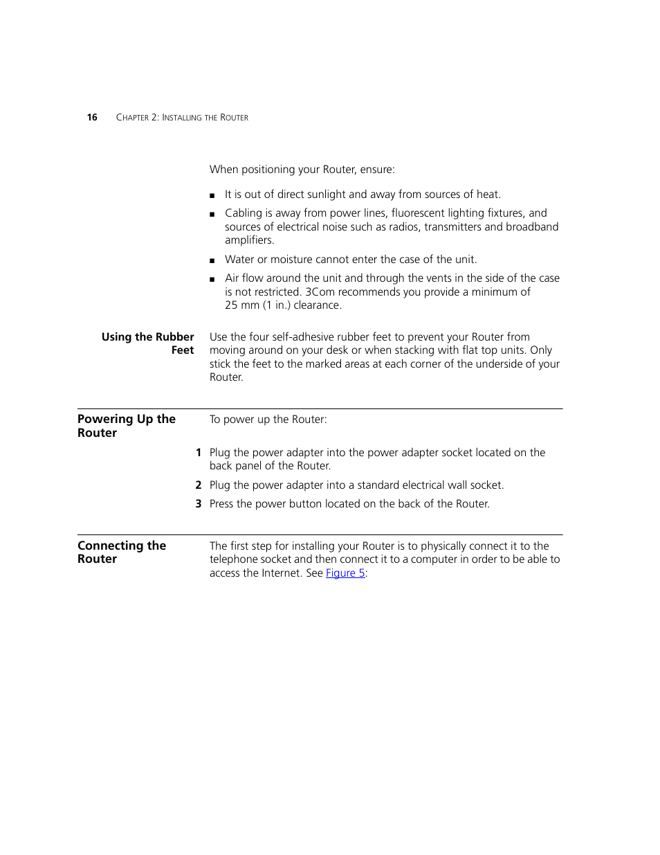 Using the rubber feet, Powering up the router, Connecting the router | 3Com WL-542 User Manual | Page 18 / 124