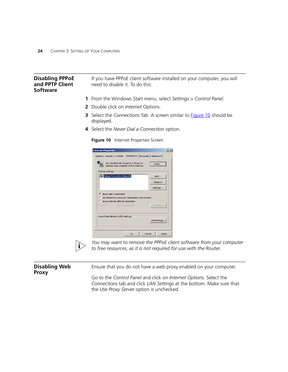 Disabling pppoe and pptp client software, Disabling web proxy | 3Com WL-542 User Manual | Page 26 / 124