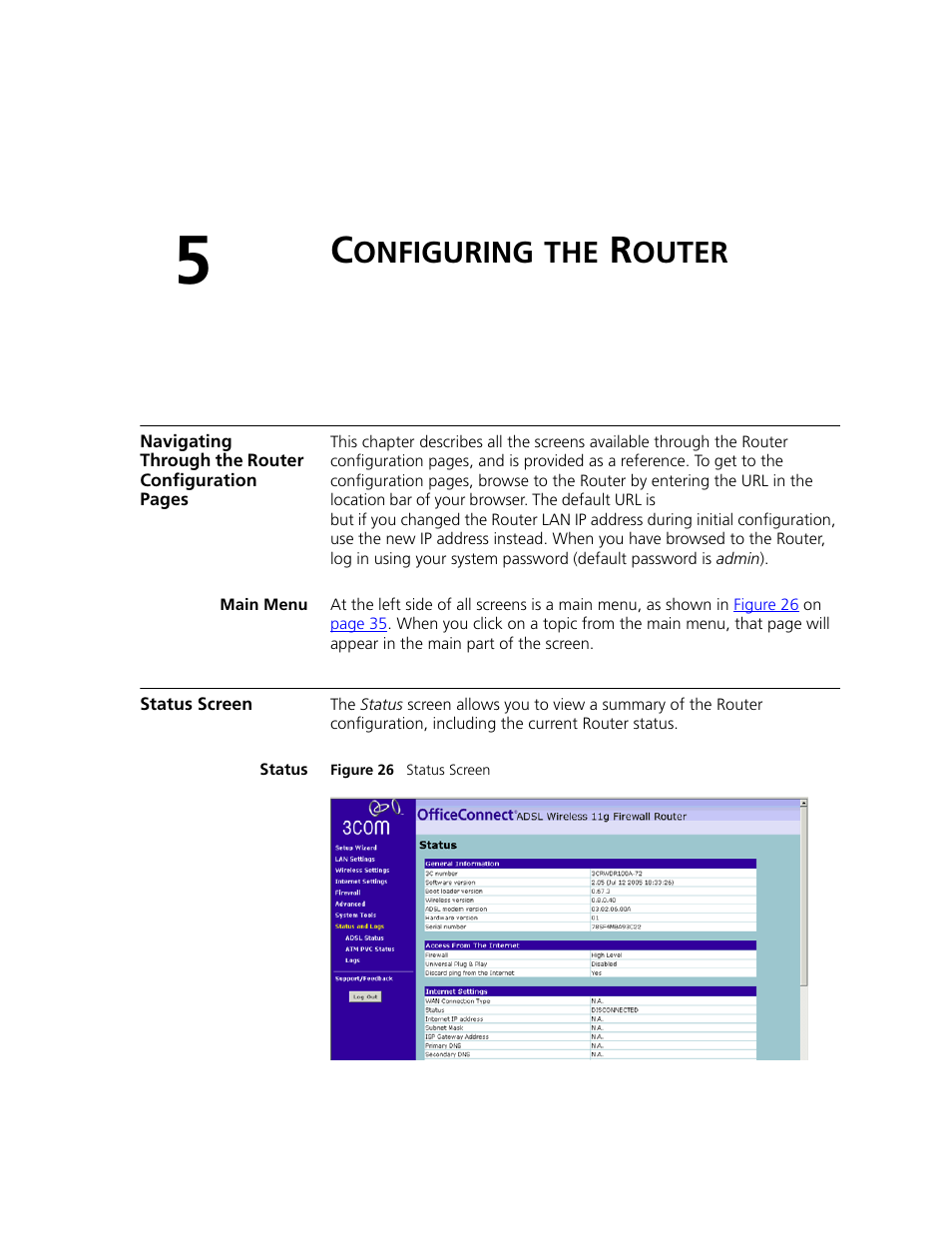 Configuring the router, Main menu, Status screen | Status, Onfiguring, Outer | 3Com WL-542 User Manual | Page 37 / 124