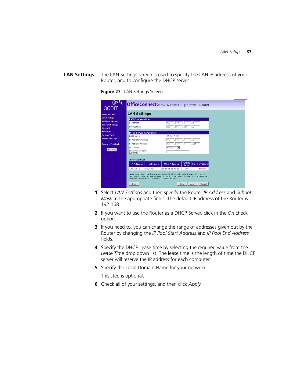 Lan settings | 3Com WL-542 User Manual | Page 39 / 124