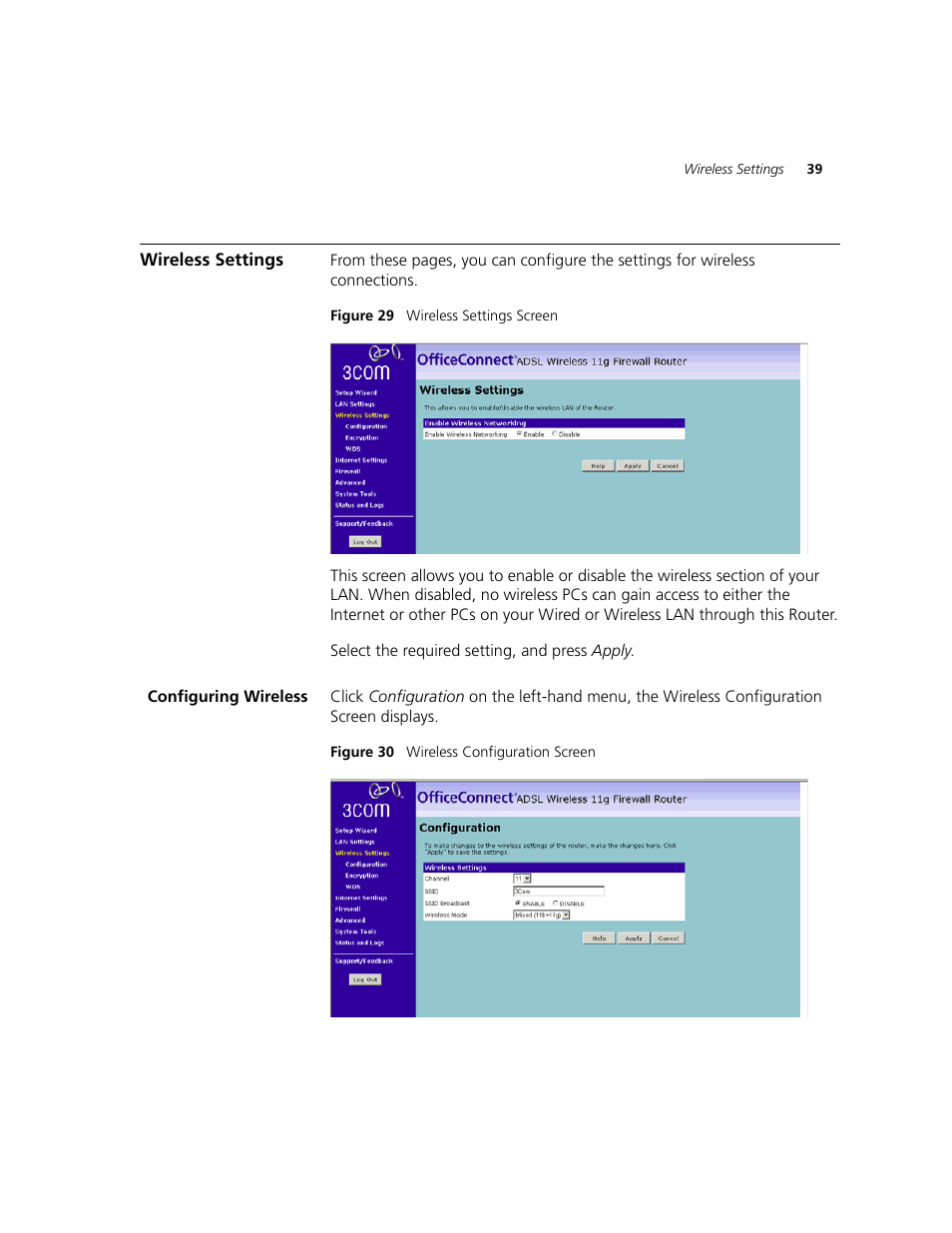 Wireless settings, Configuring wireless | 3Com WL-542 User Manual | Page 41 / 124