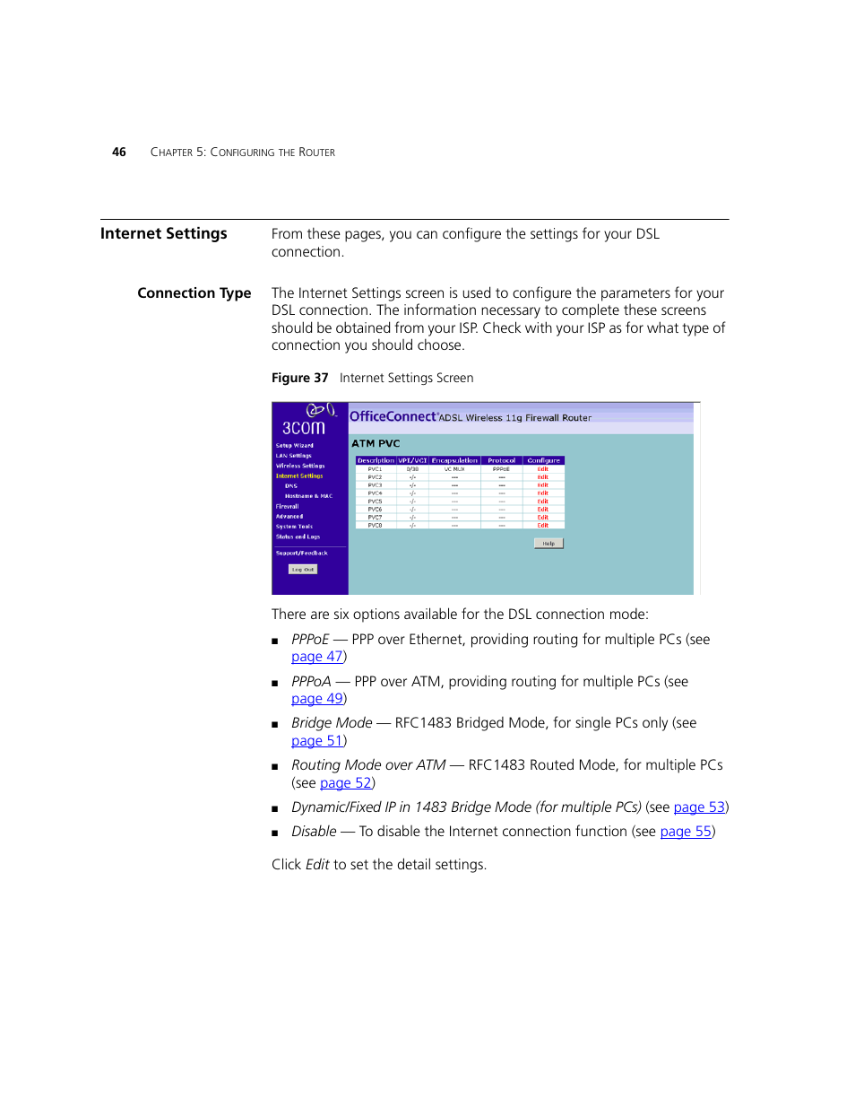 Internet settings, Connection type | 3Com WL-542 User Manual | Page 48 / 124