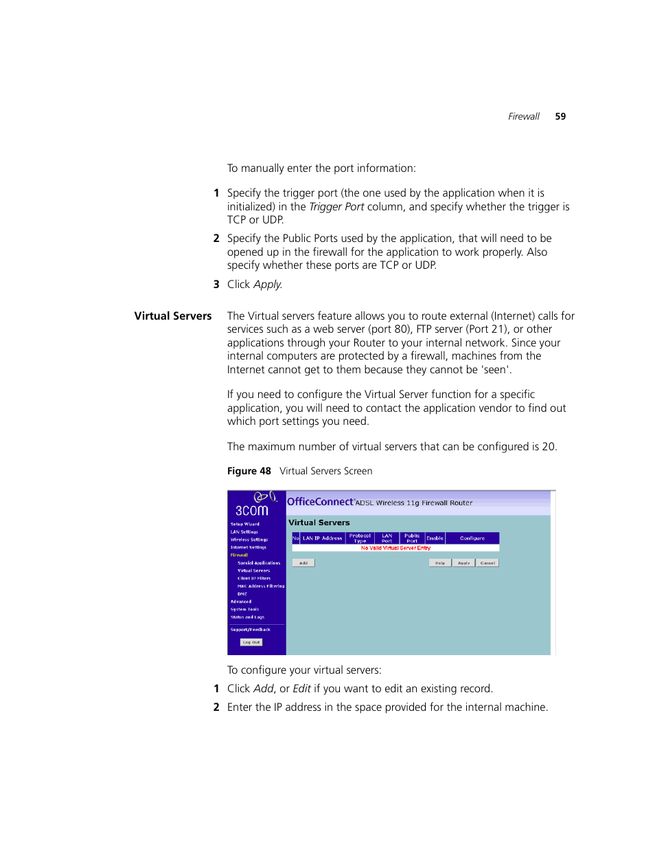 Virtual servers | 3Com WL-542 User Manual | Page 61 / 124