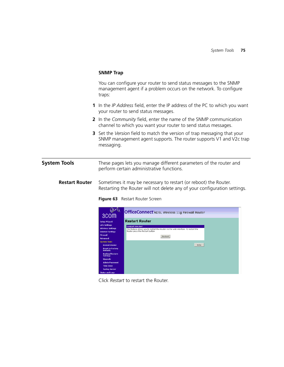 System tools, Restart router | 3Com WL-542 User Manual | Page 77 / 124