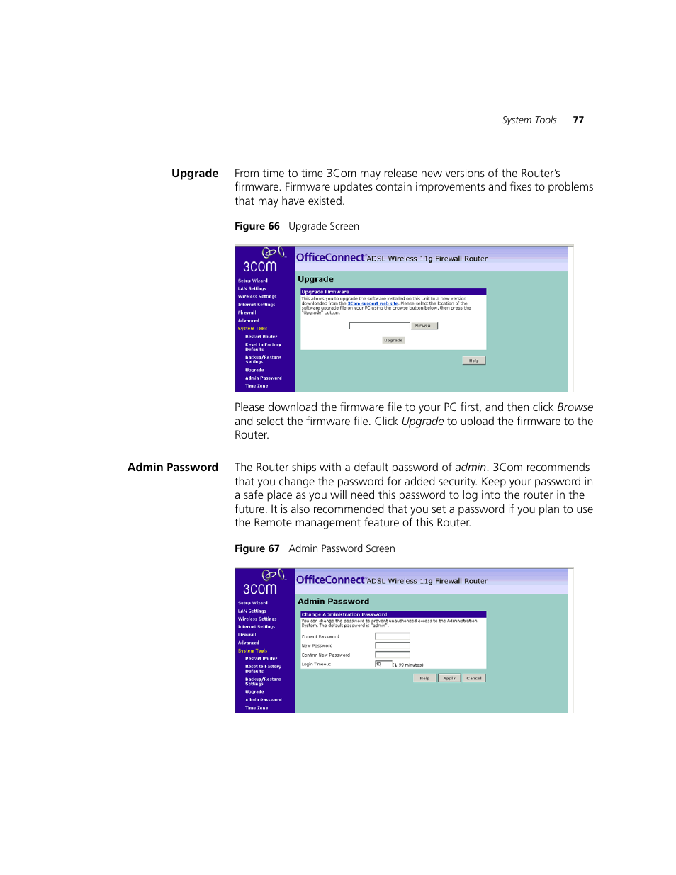 Upgrade, Admin password | 3Com WL-542 User Manual | Page 79 / 124