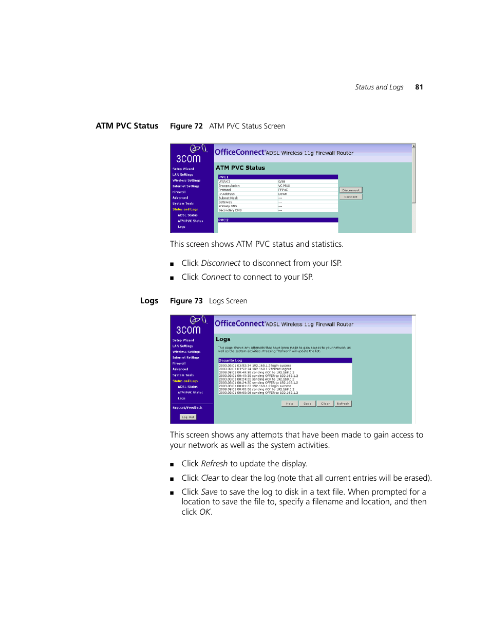 Atm pvc status, Logs | 3Com WL-542 User Manual | Page 83 / 124