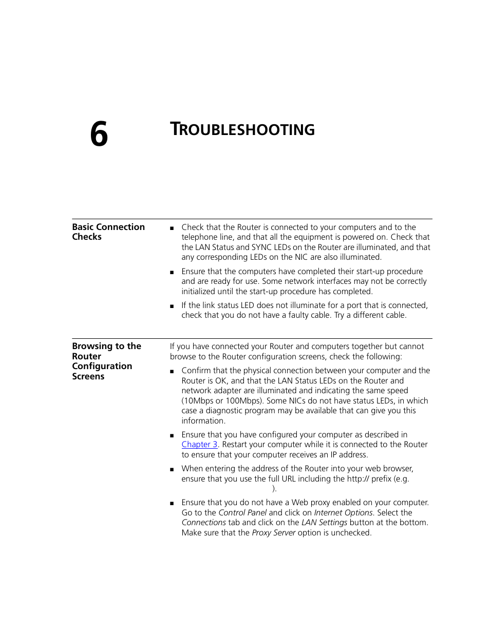 Troubleshooting, Basic connection checks, Browsing to the router configuration screens | Roubleshooting, Chapter 6 | 3Com WL-542 User Manual | Page 85 / 124
