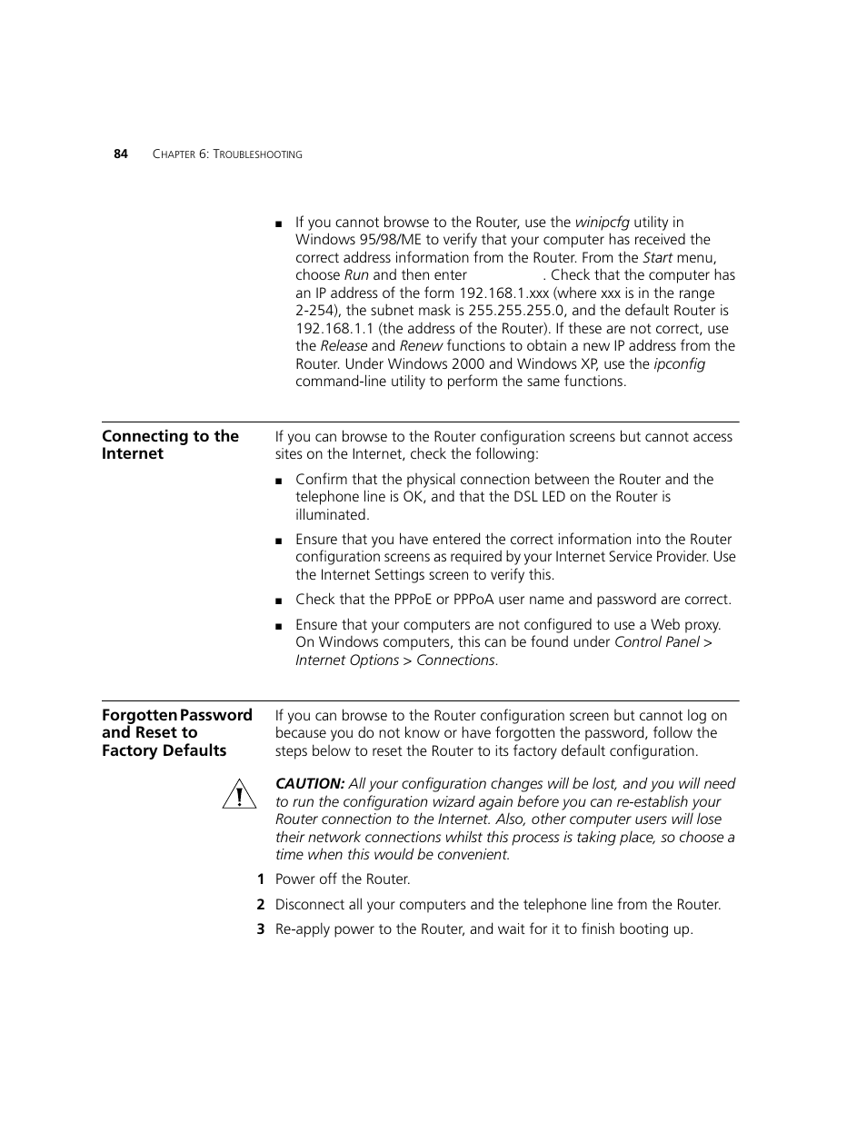 Connecting to the internet, Forgotten password and reset to factory defaults, R to | Forgotten password, And reset to factory defaults | 3Com WL-542 User Manual | Page 86 / 124