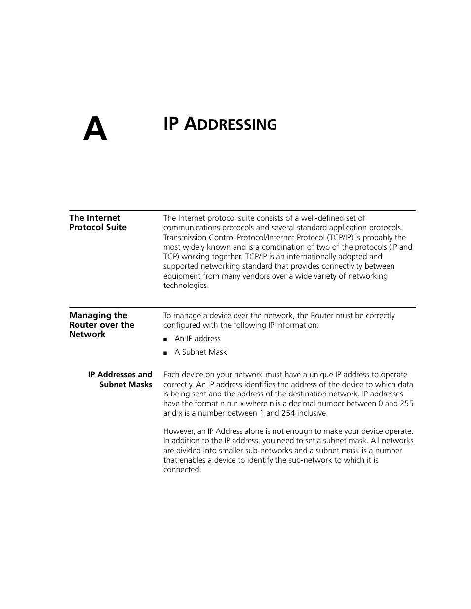 Ip addressing, The internet protocol suite, Managing the router over the network | Ip addresses and subnet masks, Ip a, Ddressing | 3Com WL-542 User Manual | Page 91 / 124
