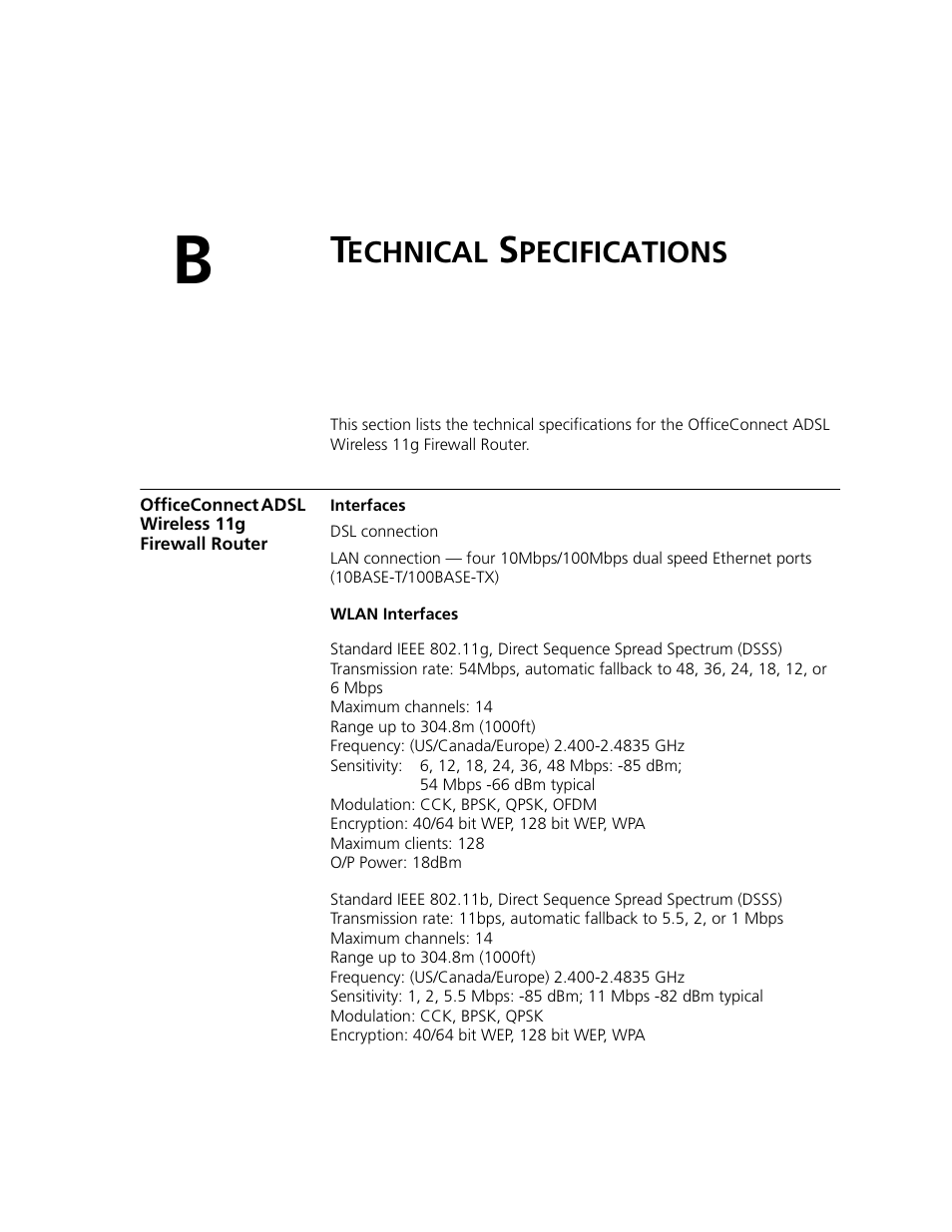 Technical specifications, Officeconnect adsl wireless 11g firewall router, Echnical | Pecifications | 3Com WL-542 User Manual | Page 95 / 124