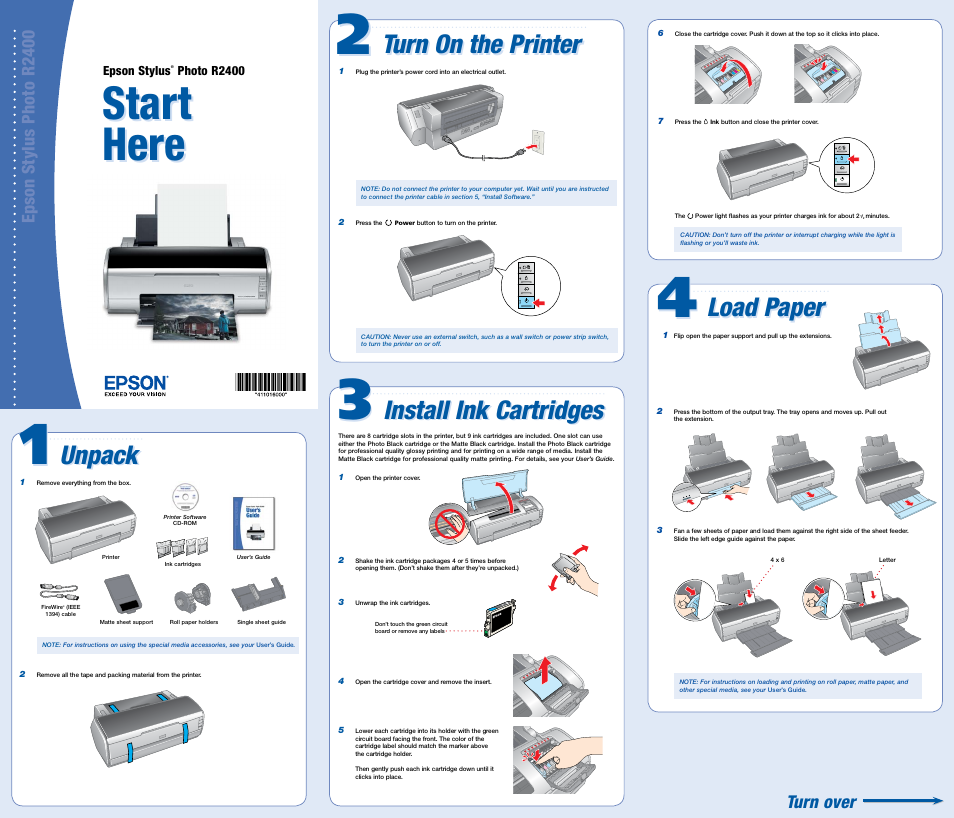 Load paper, Start here start here, Unpack | Turn on the printer, Install ink cartridges, Epson stylus photo r2400, Turn over | Epson Photo Printer R2400 User Manual | Page 3 / 6