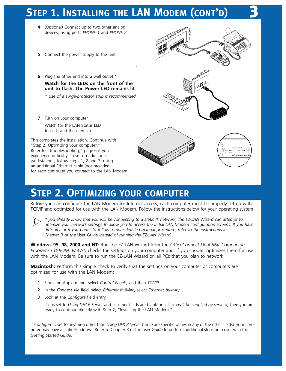 Lan m, Nstalling, Odem | Cont, Ptimizing, Your, Computer | 3Com 3C888 User Manual | Page 3 / 6