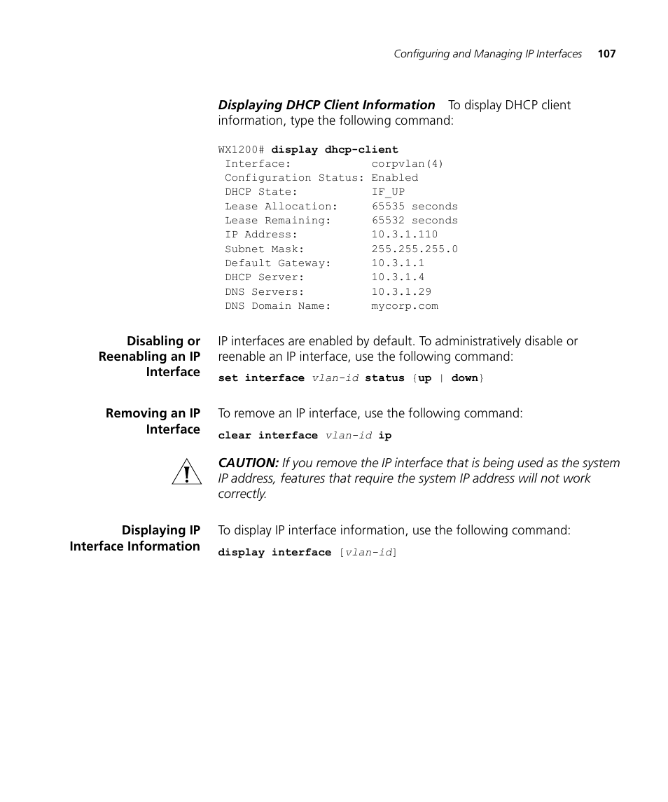 Disabling or reenabling an ip interface, Removing an ip interface, Displaying ip interface information | 3Com WX4400 3CRWX440095A User Manual | Page 107 / 728