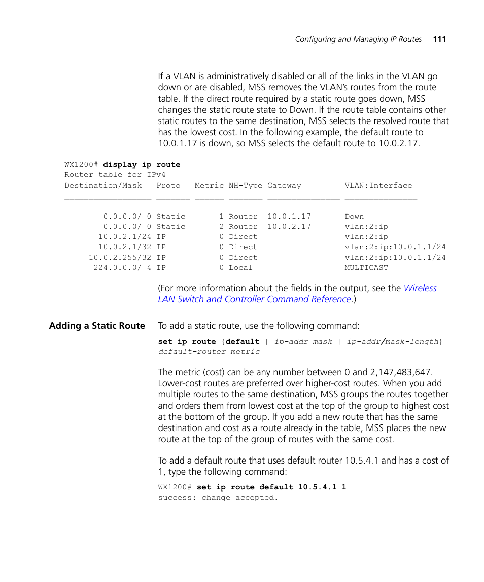 Adding a static route | 3Com WX4400 3CRWX440095A User Manual | Page 111 / 728