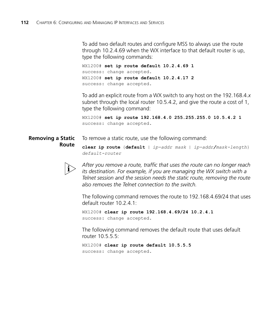 Removing a static route | 3Com WX4400 3CRWX440095A User Manual | Page 112 / 728