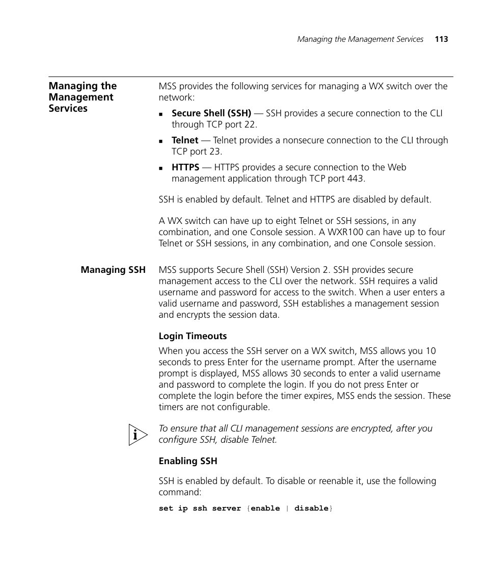 Managing the management services, Managing ssh, Login timeouts | Enabling ssh | 3Com WX4400 3CRWX440095A User Manual | Page 113 / 728