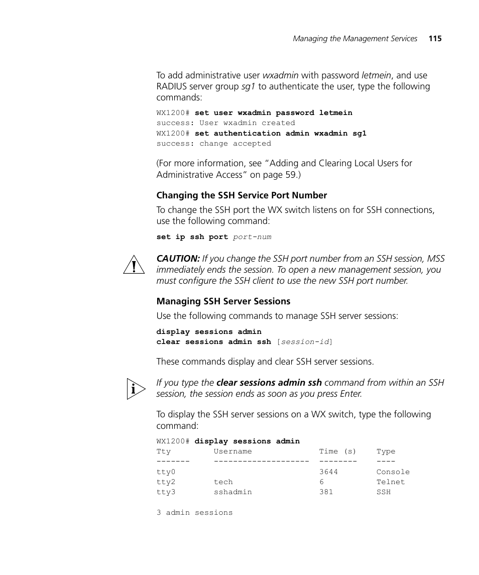 Changing the ssh service port number, Managing ssh server sessions | 3Com WX4400 3CRWX440095A User Manual | Page 115 / 728