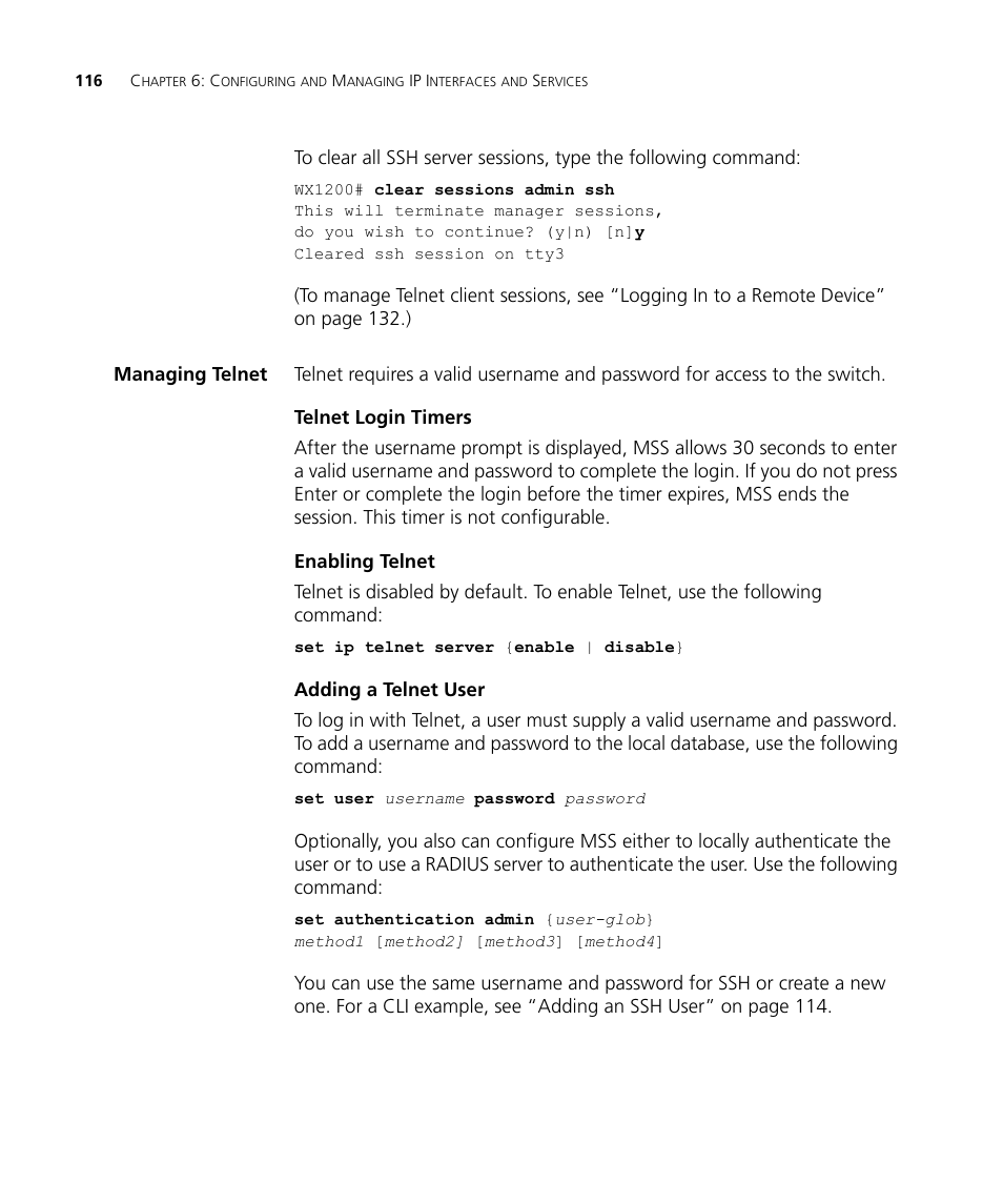 Managing telnet, Telnet login timers, Enabling telnet | Adding a telnet user | 3Com WX4400 3CRWX440095A User Manual | Page 116 / 728