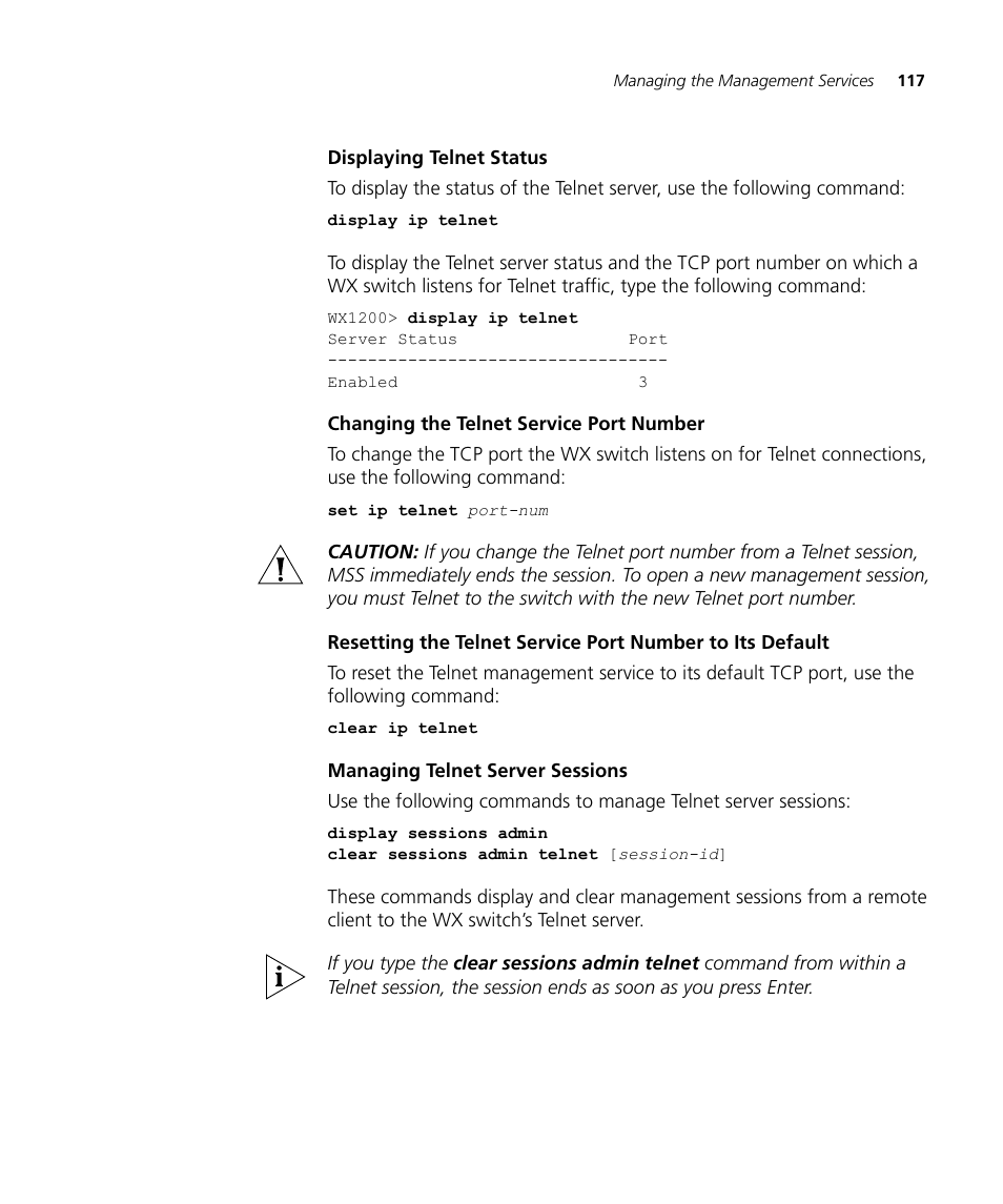 Displaying telnet status, Changing the telnet service port number, Managing telnet server sessions | 3Com WX4400 3CRWX440095A User Manual | Page 117 / 728