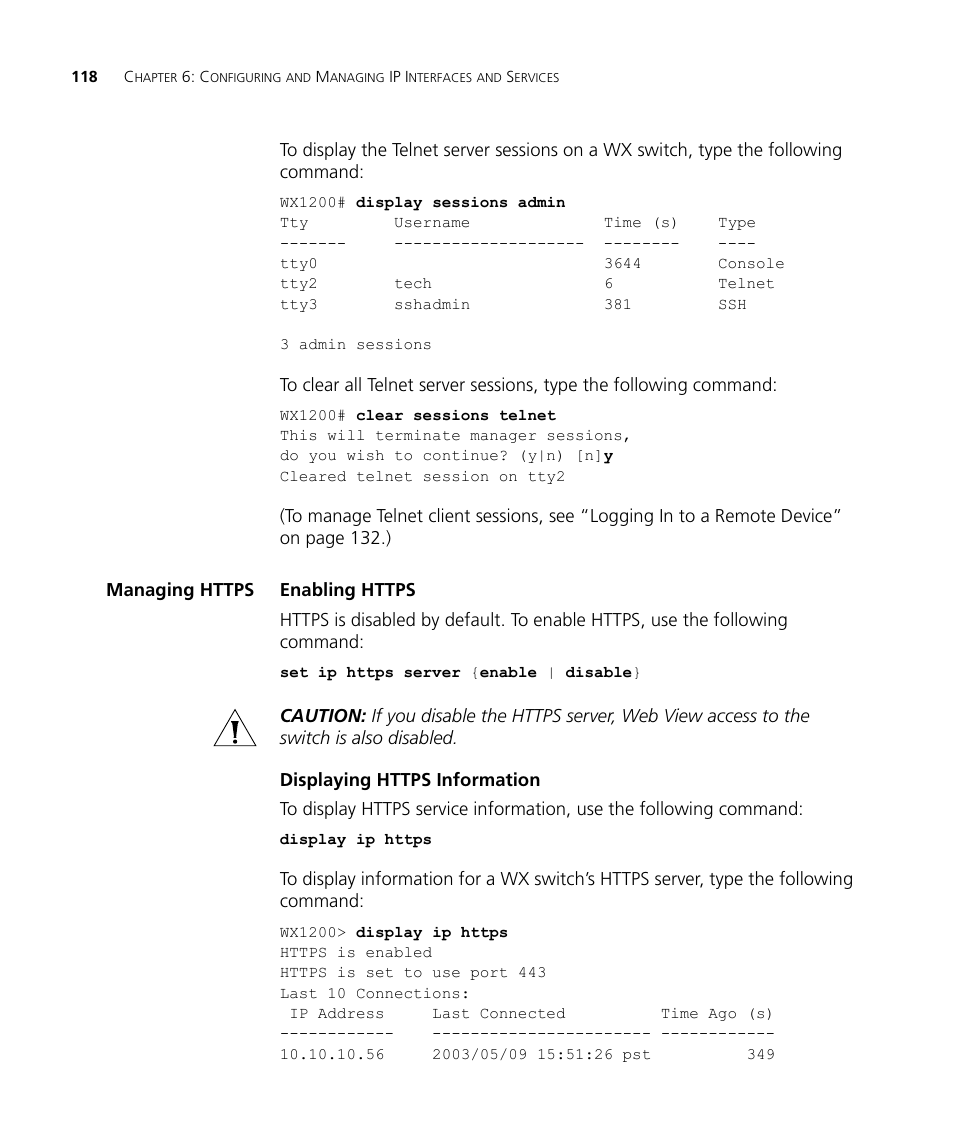 Managing https, Enabling https, Displaying https information | 3Com WX4400 3CRWX440095A User Manual | Page 118 / 728