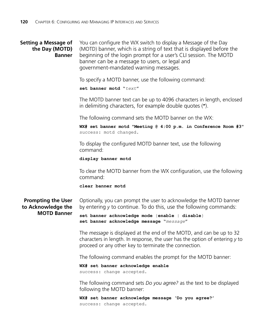 Setting a message of the day (motd) banner, Prompting the user to acknowledge the motd banner | 3Com WX4400 3CRWX440095A User Manual | Page 120 / 728
