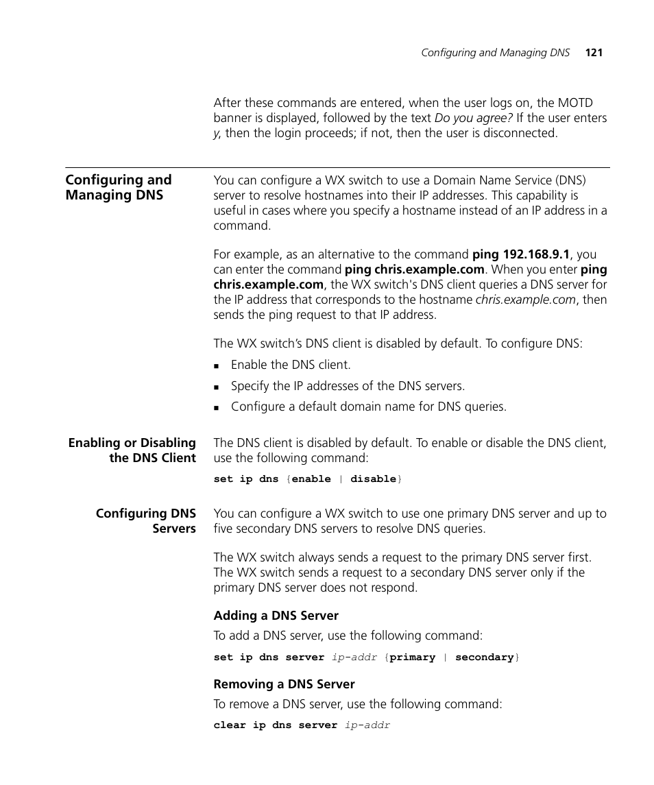 Configuring and managing dns, Enabling or disabling the dns client, Configuring dns servers | Adding a dns server, Removing a dns server | 3Com WX4400 3CRWX440095A User Manual | Page 121 / 728