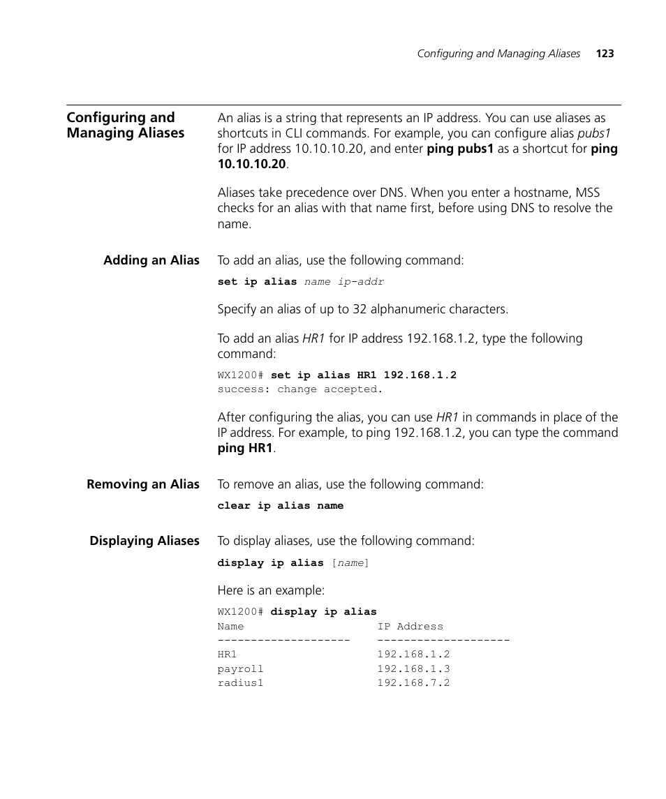 Configuring and managing aliases, Adding an alias, Removing an alias | Displaying aliases | 3Com WX4400 3CRWX440095A User Manual | Page 123 / 728