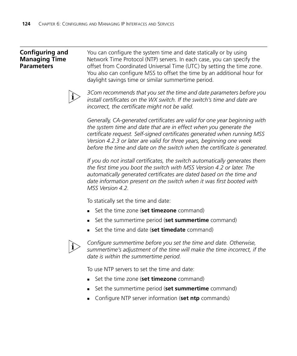 Configuring and managing time parameters | 3Com WX4400 3CRWX440095A User Manual | Page 124 / 728