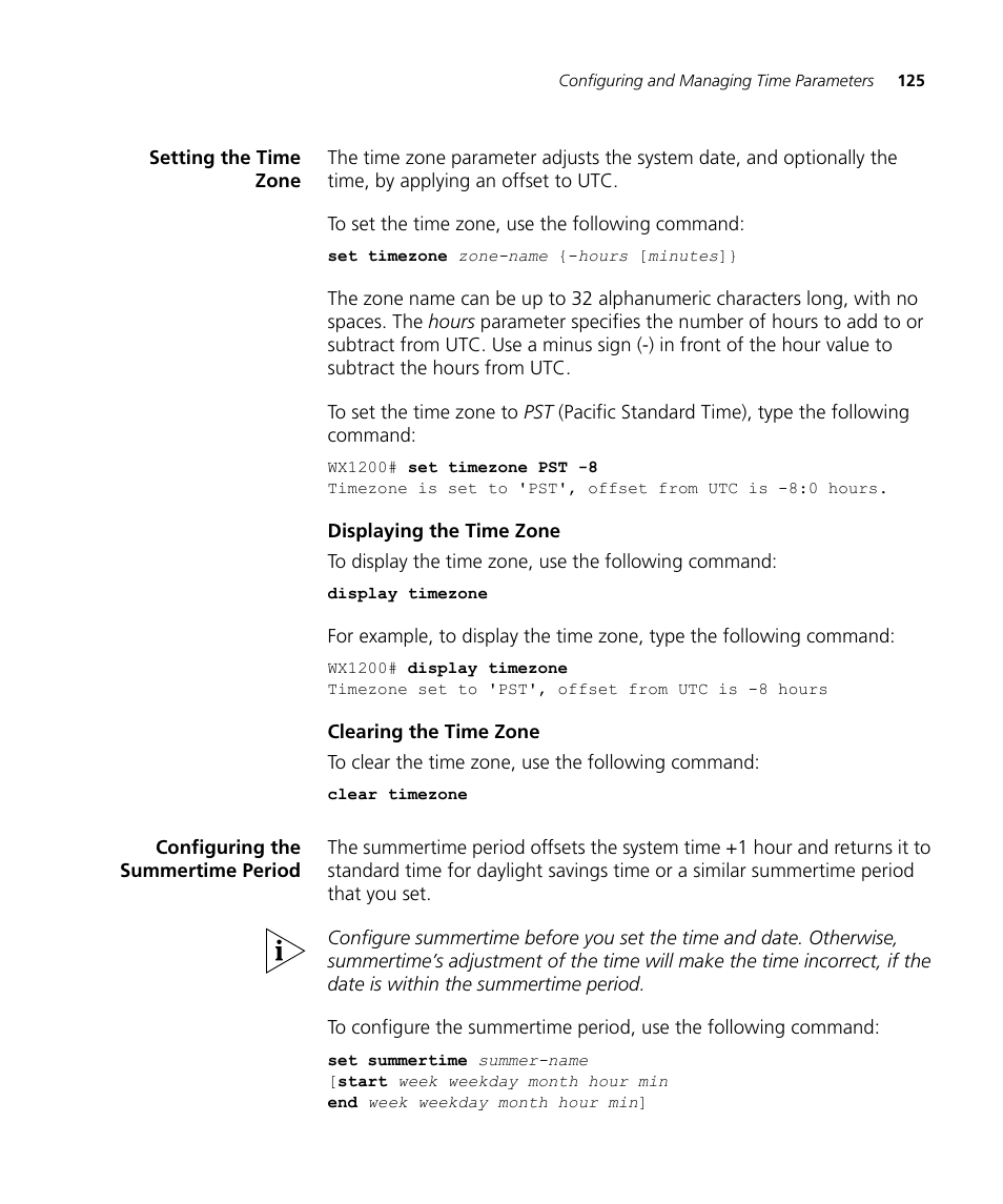 Setting the time zone, Displaying the time zone, Clearing the time zone | Configuring the summertime period | 3Com WX4400 3CRWX440095A User Manual | Page 125 / 728
