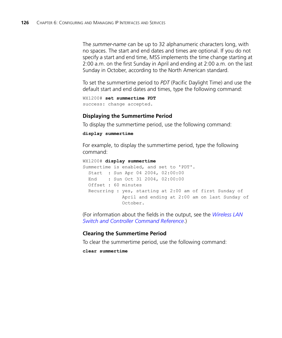 Displaying the summertime period, Clearing the summertime period | 3Com WX4400 3CRWX440095A User Manual | Page 126 / 728