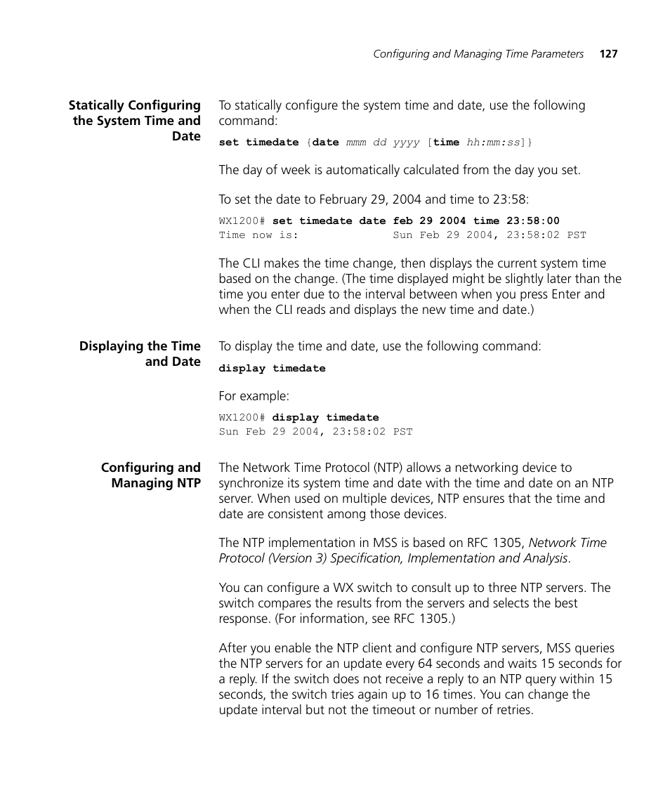 Statically configuring the system time and date, Displaying the time and date, Configuring and managing ntp | 3Com WX4400 3CRWX440095A User Manual | Page 127 / 728