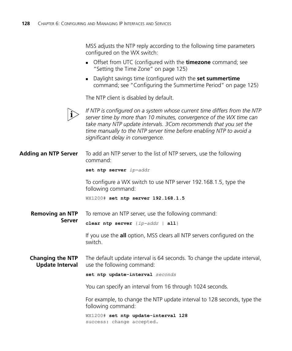 Adding an ntp server, Removing an ntp server, Changing the ntp update interval | 3Com WX4400 3CRWX440095A User Manual | Page 128 / 728