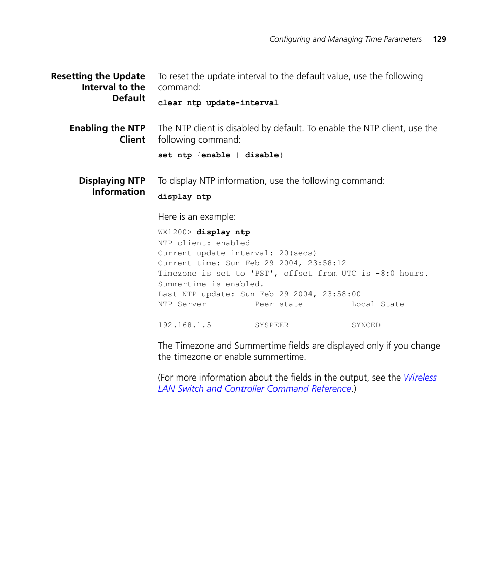 Resetting the update interval to the default, Enabling the ntp client, Displaying ntp information | 3Com WX4400 3CRWX440095A User Manual | Page 129 / 728